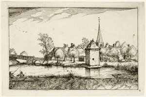 Teich und ein Dorf, Platte fünfzehn nach Bilder von Bauernhöfen, Landhäusern und rustikalen Dörfern von Claes Jansz. Visscher II