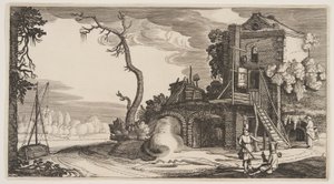 Quadratischer Turm als Gasthaus am Fluss, aus Landschaften (Playsante Lantschappen) von Claes Jansz. Visscher II
