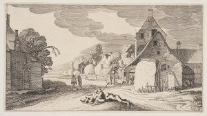 Drei Bauern ruhen an einer Kreuzung in einem Dorf, aus Landschaften (Playsante Lantschappen) von Claes Jansz. Visscher II
