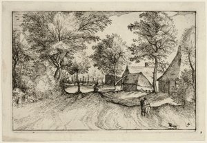 Dorfstraße, Platte vier nach Bilder von Bauernhöfen, Landhäusern und rustikalen Dörfern (Praediorum villarum et rusticarum casularum icones) von Claes Jansz. Visscher II
