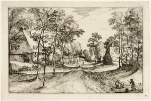 Dorfstraße, Platte vierzehn nach Bilder von Bauernhöfen, Landhäusern und rustikalen Dörfern (Praediorum villarum et rusticarum casularum icones) von Claes Jansz. Visscher II