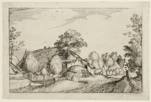Dorfstraße, Platte zwölf nach Bilder von Bauernhöfen, Landhäusern und rustikalen Dörfern (Praediorum villarum et rusticarum casularum icones) von Claes Jansz. Visscher II