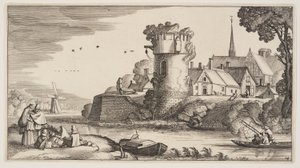 Wachturm an einem Fluss, aus Landschaften (Playsante Lantschappen) von Claes Jansz. Visscher II