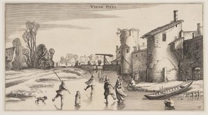 Winterlandschaft mit Schlittschuhläufern entlang einer Stadtmauer, aus Landschaften (Playsante Lantschappen) von Claes Jansz. Visscher II