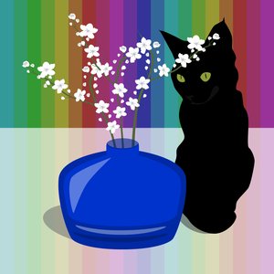 Blaue Glasvase mit Blüte und schwarzer Katze von Claire Huntley