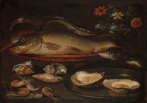 Stillleben mit Fisch, Meeresfrüchten und Blumen