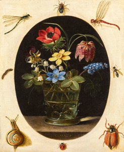 Stillleben mit Blumen, umgeben von Insekten und einer Schnecke
