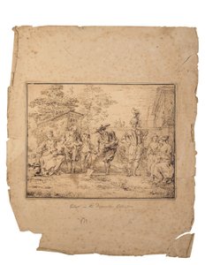 Die vier Lebensalter: Sieben Figuren in einem Garten, eine gräbt mit einem Spaten von Claude Gillot