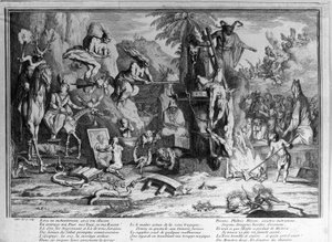 Sabbat-Zeremonien, Dämonen, Hexen und monströse Kreaturen tanzen. Gravur von Gillot
