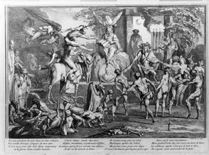 Sabbatzeremonie, Dämonen, Hexen und monströse Kreaturen tanzen. Gravur von Gillet
