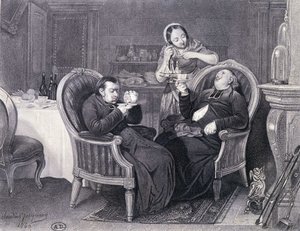 Nach dem Essen: Zwei Priester trinken Kaffee und Verdauungsschnaps, serviert von ihrer Magd von Claude Jacquand