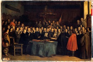 Der Westfälische Frieden, die Vereidigung nach der Ratifizierung des Friedens zwischen den Spaniern und den Niederländern im Rathaus von Münster am 15.05.1648. Sie beendeten den Dreißigjährigen Krieg. von Claude Jacquand