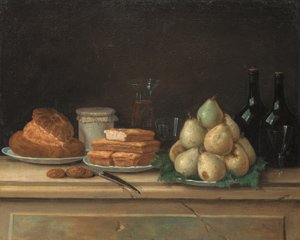 Birnen und Brot auf Tellern, mit Weinflaschen und Gläsern auf einem Steinsims von Claude Joseph Fraichot