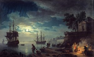 Mondscheinangeln Nachtansicht eines Hafens mit Männern, die ein Lagerfeuer machen. Gemälde von Joseph Vernet von Claude Joseph Vernet