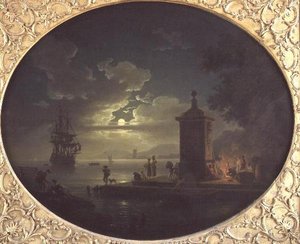 Nacht: Eine mondbeschienene Küstenlandschaft mit Fischern an einem Feuer auf einem Kai, ein Kriegsschiff im Hintergrund