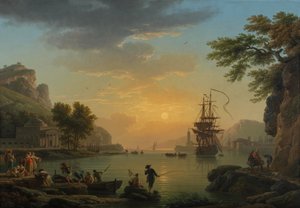Landschaft bei Sonnenuntergang mit Fischern von Claude Joseph Vernet