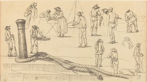 Kai-Figuren und ein Seil, das an einem Poller befestigt ist von Claude Joseph Vernet