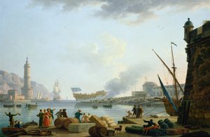Der Stapellauf des Kriegsschiffs am Hafenmund, 1781