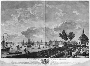 Blick auf die Stadt und den Hafen von Bordeaux vom Château Trompette aus, Serie "Les Ports de France", graviert von Charles Nicolas Cochin dem Jüngeren