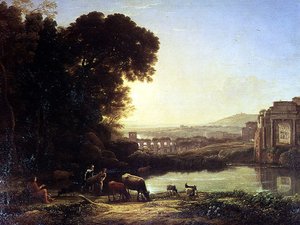 Rinder und Ziegen trinken bei einer Ruine von Claude Lorrain