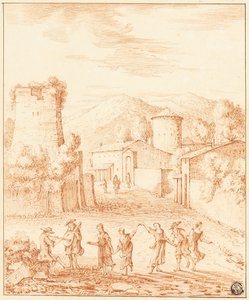 Tänzer und Musiker vor Dorf mit Ruinenturm
