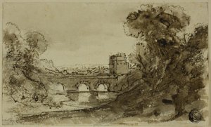 Italienische Flusslandschaft mit Brücke und Turm von Claude Lorrain