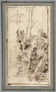 Junge Frau, die an einem Zaun im Wald steht (Studies von Tieren aus dem Dierenalbum)
