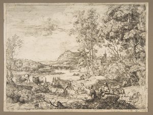 Hirte und Hirtin im Gespräch in einer Landschaft, ca. 1651 von Claude Lorrain