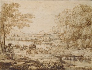 Jugendlicher spielt eine Pfeife in einer pastoralen Landschaft, um 1640er Jahre