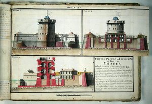 Atlas 131 F fol.85 Querschnitt und Ansichten des Chapus-Forts, aus Traité de Fortifications, ca.1720