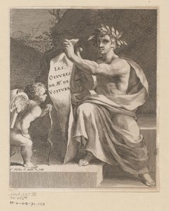 Apollo und ein Amor. Les Oeuvres de Mr. de Voiture (Titel auf dem Objekt). Titelblatt für: Vincent de Voiture, Les Oeuvres de Vincent de Voiture, 1650 von Claude Mellan