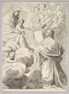 Kardinal Richelieu, kniend, überreicht sein Buch der Jungfrau und dem Kind, ca. 1646 von Claude Mellan