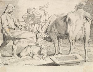 Landschaftsszene mit Bauer, Kuh und Kalb von Claude Mellan