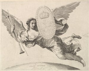 Ruhm trägt ein Schild mit dem Initial von Ludwig XIV La Renommée volant von Claude Mellan
