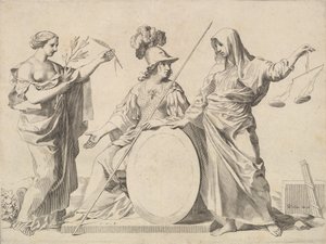 Minerva flankiert von Frieden und Gerechtigkeit Armoiries de Gallard et de Mesmes von Claude Mellan