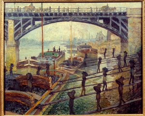 Kohlenarbeiter entladen Waren von den Kähnen am Ufer der Seine, Gemälde von Claude Monet