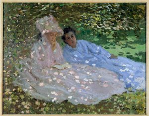 Frau Monet und eine Freundin im Garten. Zwei Frauen sitzen im Schatten eines Baumes