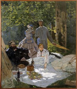Das Frühstück im Grünen (Porträt von Frederic Bazille in der Mitte, Camille Doncieux und Gustave Courbet links) von Claude Monet