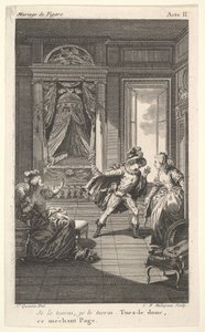 Ein Mann lehnt sich zu einer Frau, die in einer Türöffnung rechts steht, links hebt eine sitzende Frau..., ca. 1784