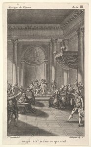 Ein Mann sitzt auf einem Stuhl auf einer Stufenplattform und hält eine Ansprache, zwei Männer zeigen auf ihn, ca. 1784 von Claude Nicolas Malapeau