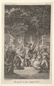 Ein Junge hält eine Fackel unter Bäumen in einem Garten, in der Mitte hebt ein Mann beide Arme von Claude Nicolas Malapeau