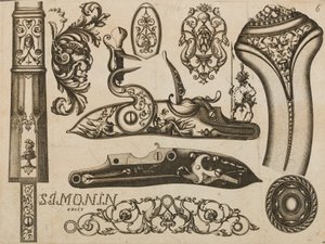 Gravur von Feuerwaffen-Ornament, 1693 oder 1695
