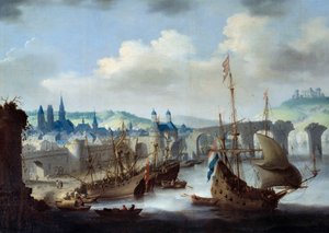 Ansicht der Stadt Rouen. Die Schiffe sind am Ufer der Seine vertäut. (Detail)