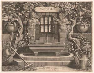 Titelblatt mit rustikalen Brunnen und Widmung, aus Pastorales
