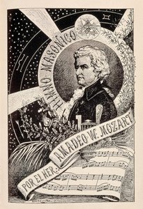 Darstellung des österreichischen Komponisten Wolfgang Amadeus Mozart (1756-1791), ein Freimaurer, der mit dem Enzyklopädischen Wörterbuch der Freimaurerei verbunden ist, Ende 19. - Anfang 20. Jahrhundert (Gravur)