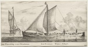 Verschiedene Schiffe und Ansichten von Amsterdam, Teil II: Ein Wasserschiff auf dem Weg zu den Soutketen. Ein Brauerwasserschiff von Clement de Jonghe