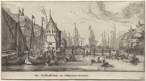 Verschiedene Schiffe und Ansichten von Amsterdam (Verscheÿde Schepen en Gesichten van Amstelredam), Teil II: Der Geldersche Quai und der Schreiersturm von Clement de Jonghe