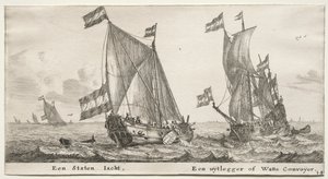 Verschiedene Schiffe und Ansichten von Amsterdam, Teil II: Niederländische Admiralitätsyacht. Ein Wachschiff