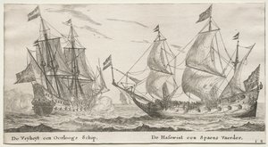 Verschiedene Schiffe und Ansichten von Amsterdam (Verscheffde Schepen en Gesichten van Amstelredam), Teil II: Die Freiheit, ein Kriegsschiff. Der Wolfshund, ein spanisches Schiff von Clement de Jonghe