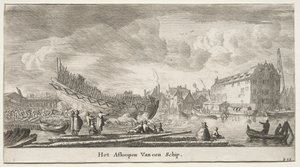 Verschiedene Schiffe und Ansichten von Amsterdam (Verscheffde Schepen en Gesichten van Amstelredam), Teil II: Ein Schiff wird zu Wasser gelassen von Clement de Jonghe